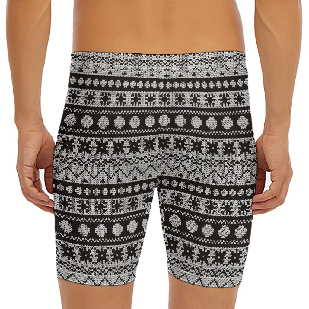 White And Black Knitted Pattern Print Men's Long Boxer Briefs