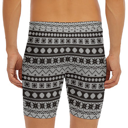 White And Black Knitted Pattern Print Men's Long Boxer Briefs