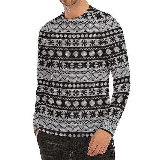 White And Black Knitted Pattern Print Men's Long Sleeve Rash Guard