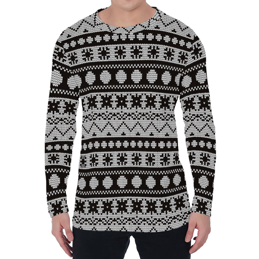 White And Black Knitted Pattern Print Men's Long Sleeve T-Shirt
