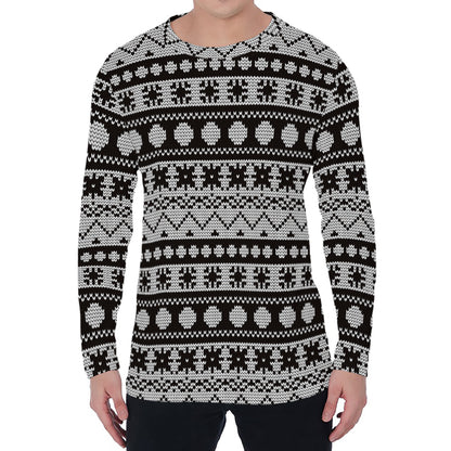 White And Black Knitted Pattern Print Men's Long Sleeve T-Shirt