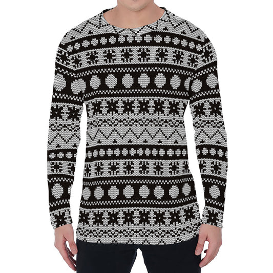 White And Black Knitted Pattern Print Men's Long Sleeve T-Shirt
