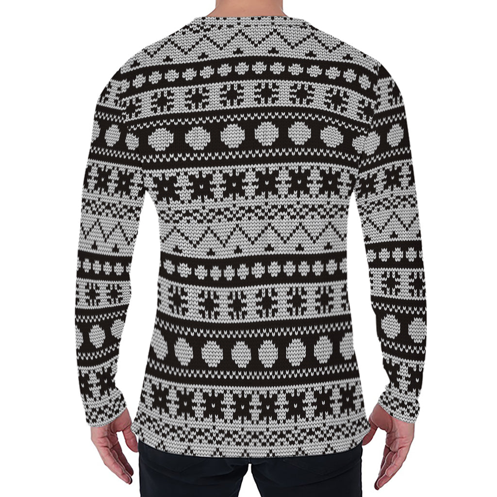 White And Black Knitted Pattern Print Men's Long Sleeve T-Shirt
