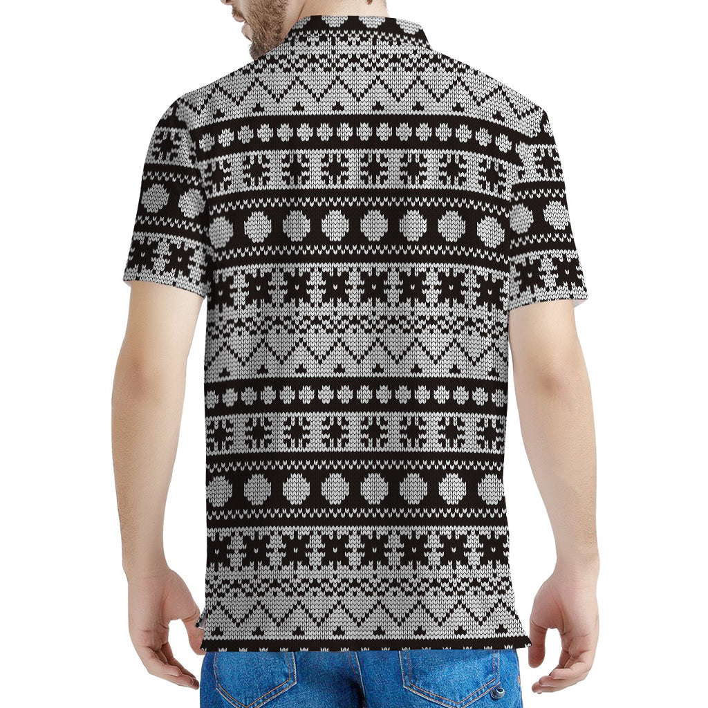 White And Black Knitted Pattern Print Men's Polo Shirt