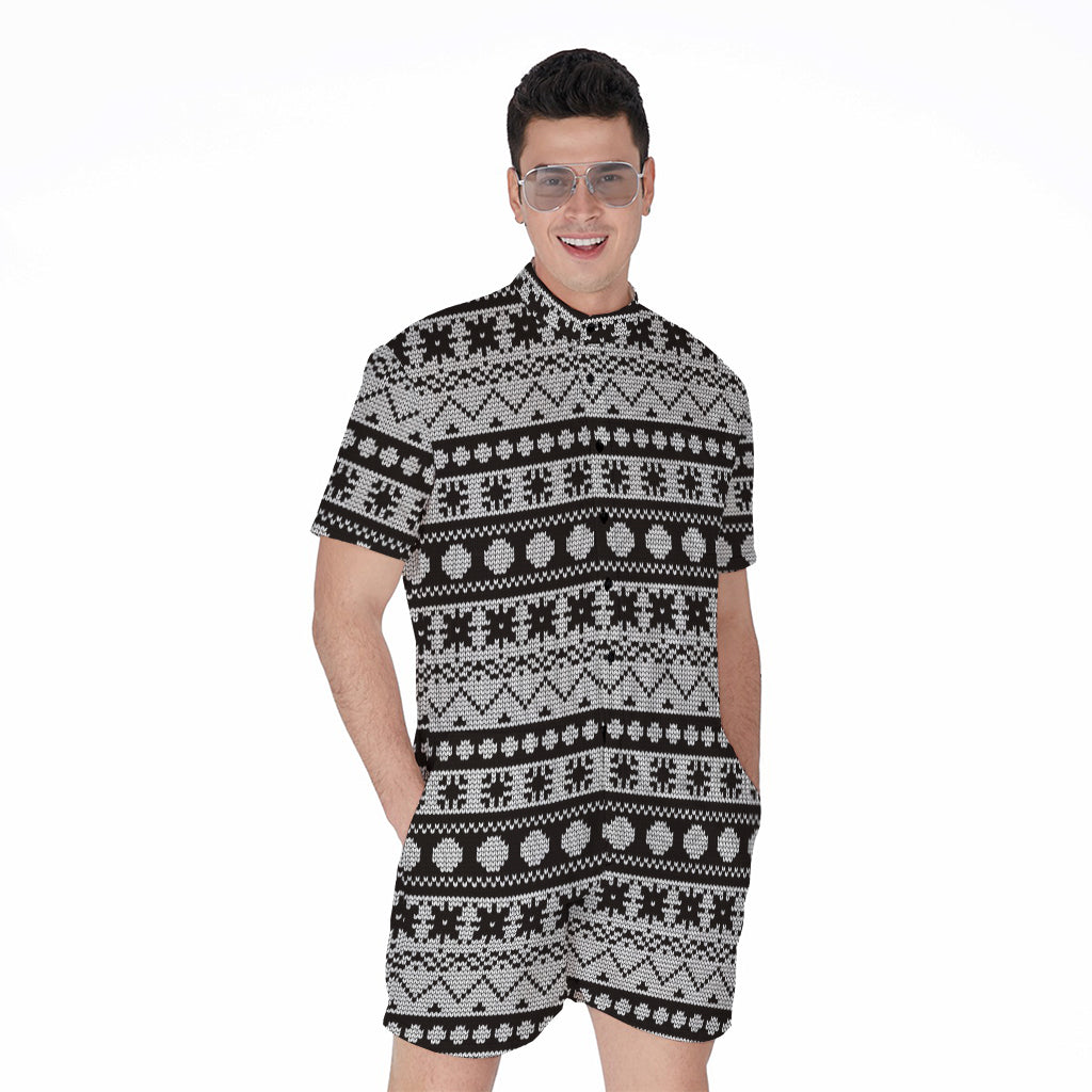 White And Black Knitted Pattern Print Men's Rompers