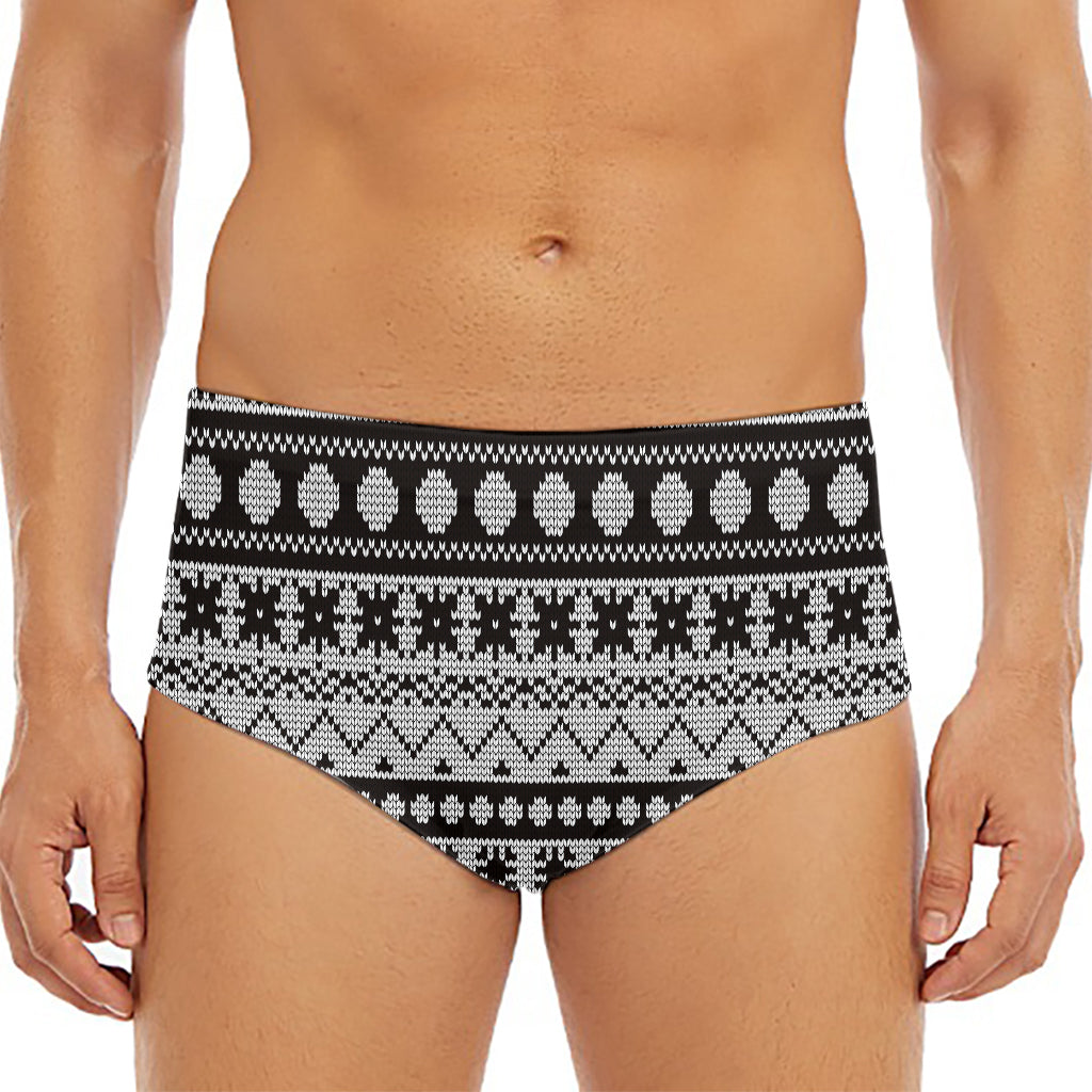 White And Black Knitted Pattern Print Men's Triangle Swim Briefs
