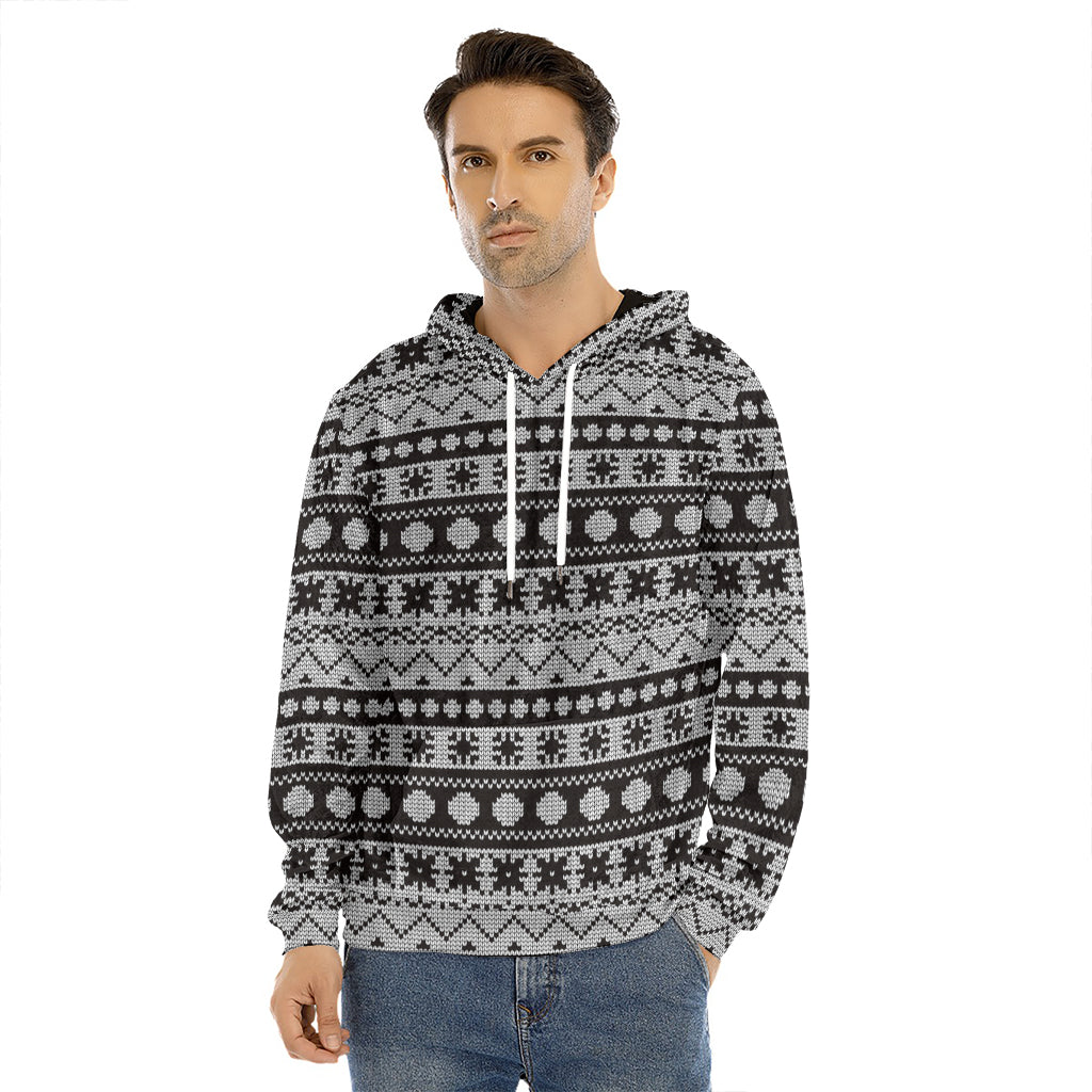 White And Black Knitted Pattern Print Men's Velvet Pullover Hoodie