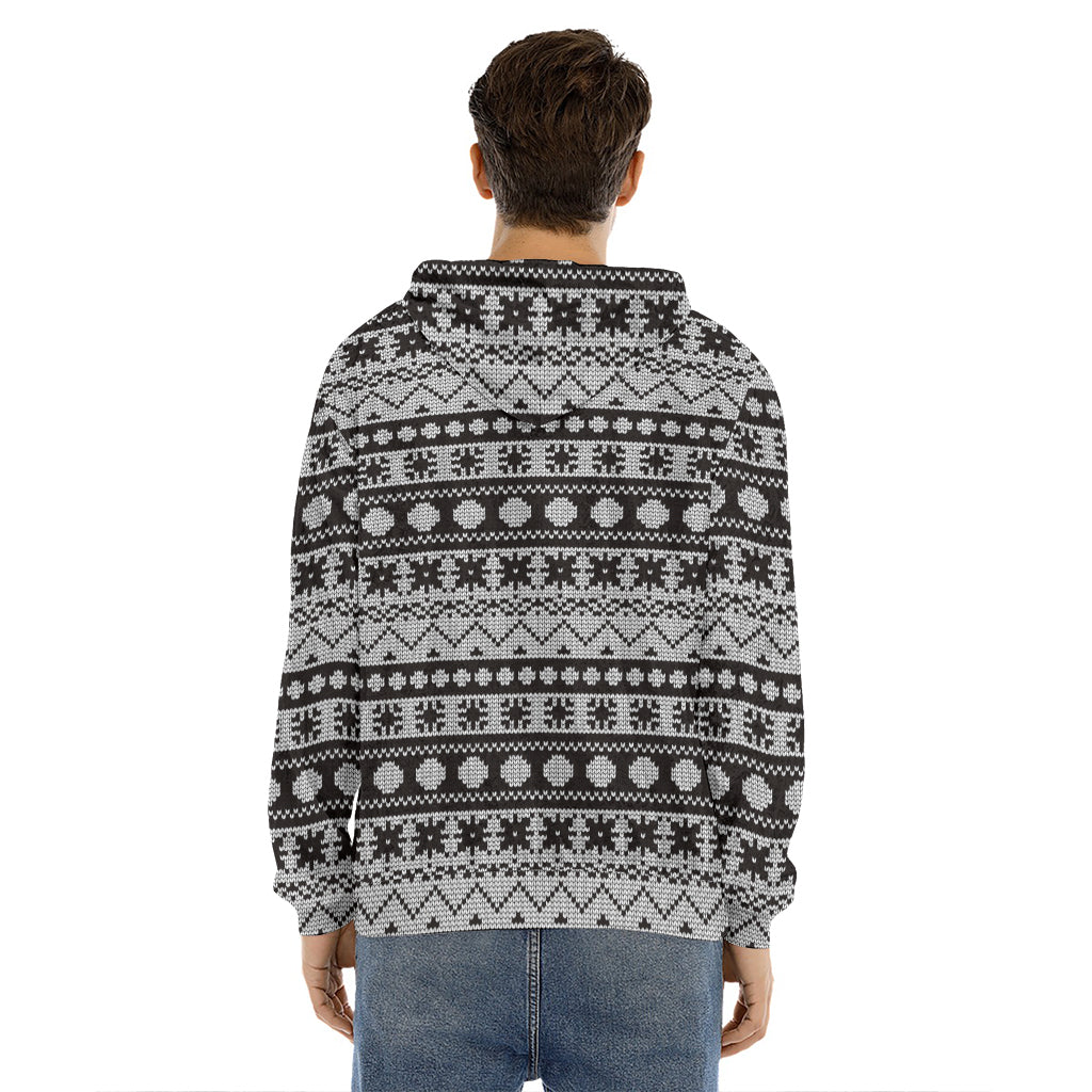White And Black Knitted Pattern Print Men's Velvet Pullover Hoodie