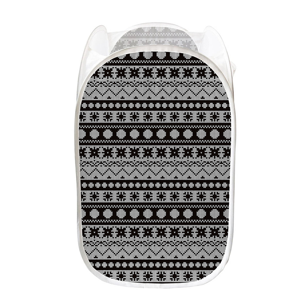 White And Black Knitted Pattern Print Mesh Laundry Hamper