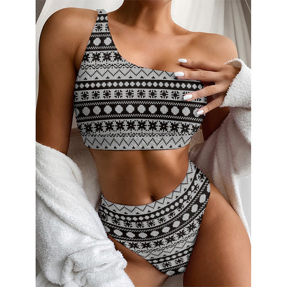 White And Black Knitted Pattern Print One Shoulder Bikini Top
