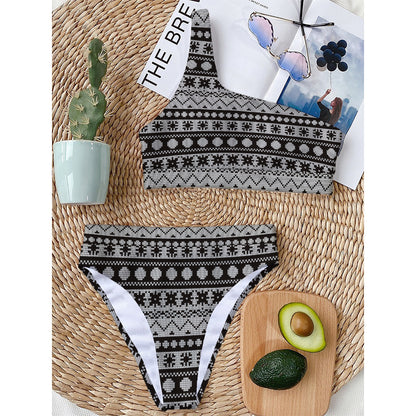 White And Black Knitted Pattern Print One Shoulder Bikini Top