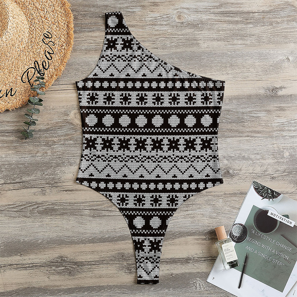 White And Black Knitted Pattern Print One Shoulder Bodysuit