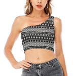 White And Black Knitted Pattern Print One Shoulder Crop Top