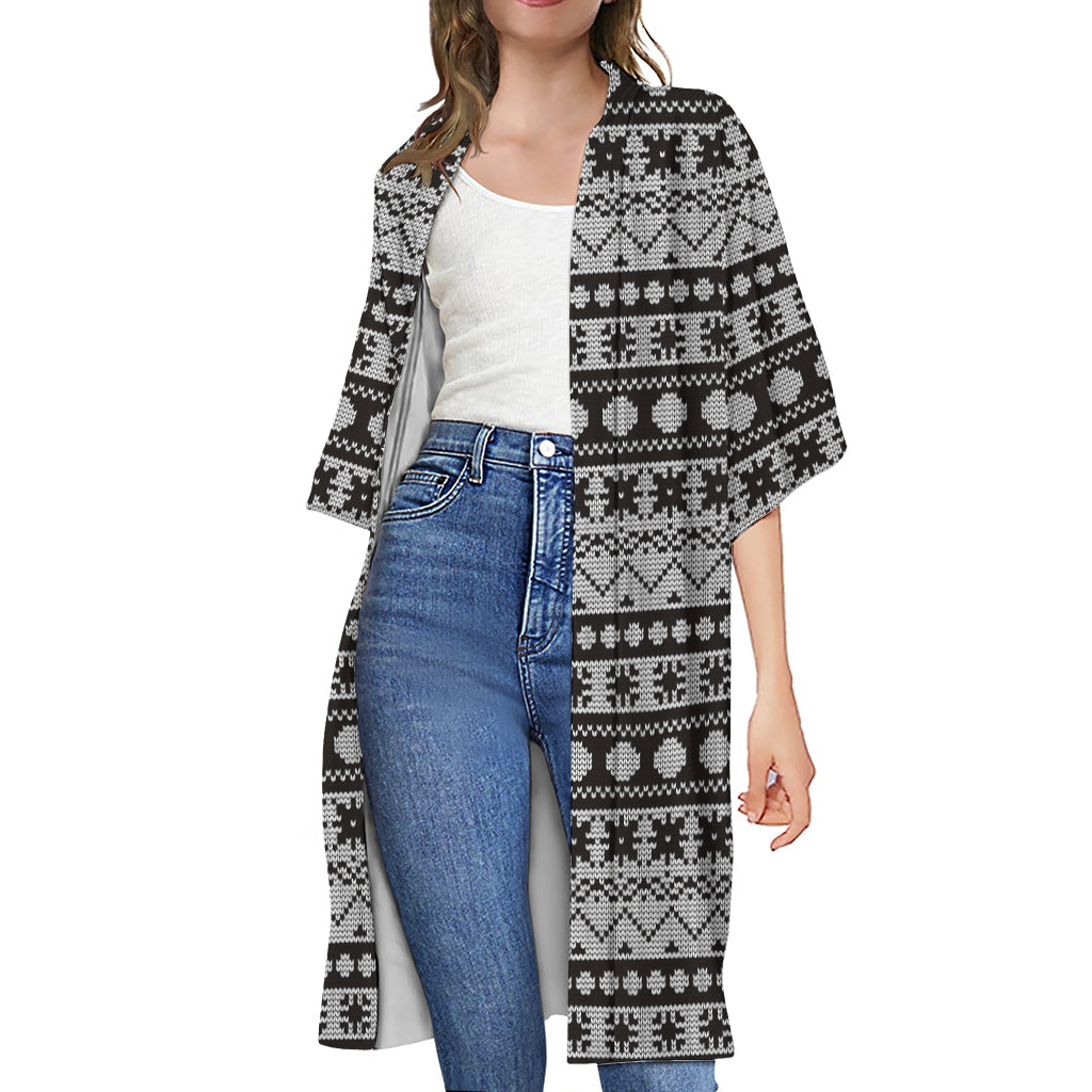White And Black Knitted Pattern Print Open Front Beach Cover Up