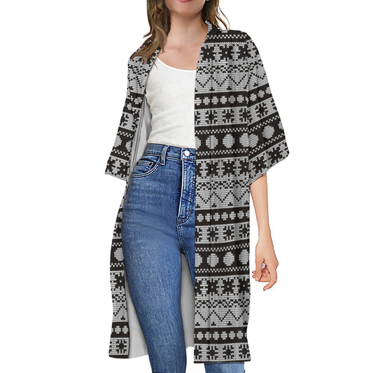 White And Black Knitted Pattern Print Open Front Beach Cover Up