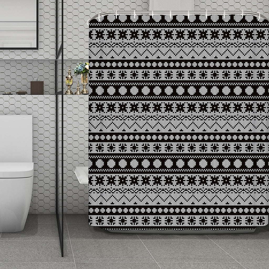 White And Black Knitted Pattern Print Polyester Shower Curtain