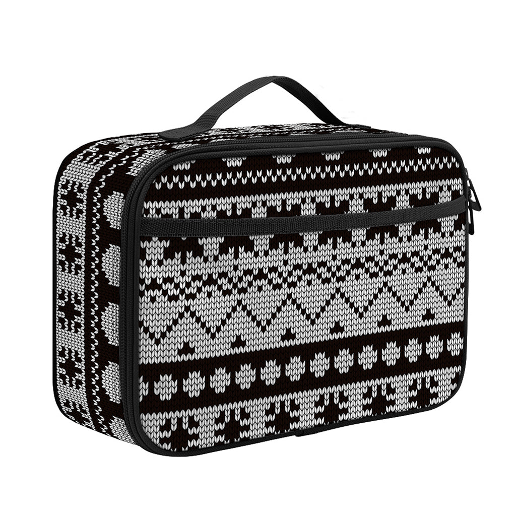 White And Black Knitted Pattern Print Portable Lunch Bag
