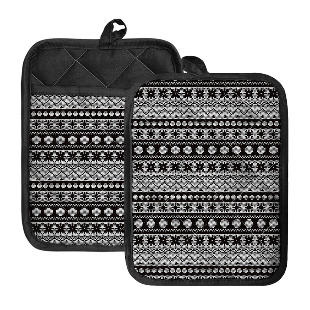 White And Black Knitted Pattern Print Pot Holders With Pocket