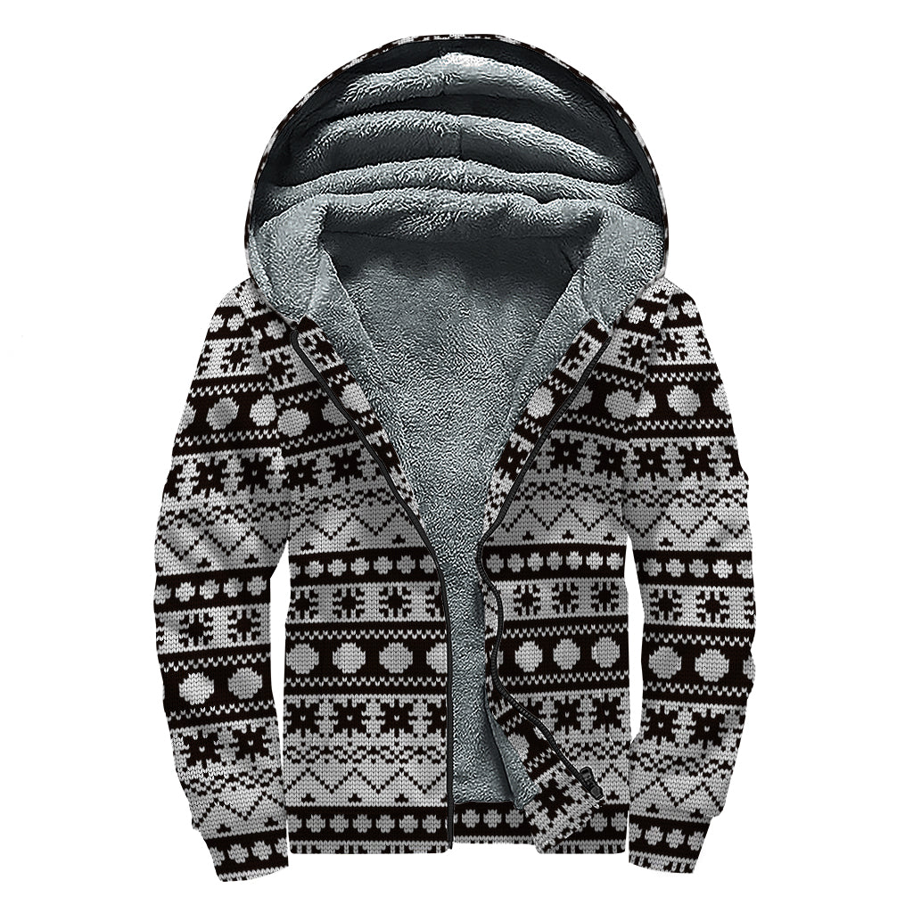 White And Black Knitted Pattern Print Sherpa Lined Zip Up Hoodie