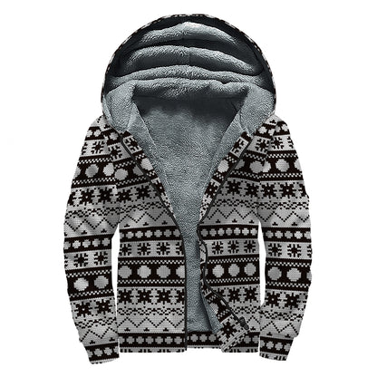 White And Black Knitted Pattern Print Sherpa Lined Zip Up Hoodie