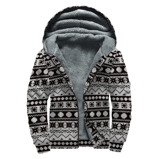 White And Black Knitted Pattern Print Sherpa Lined Zip Up Hoodie