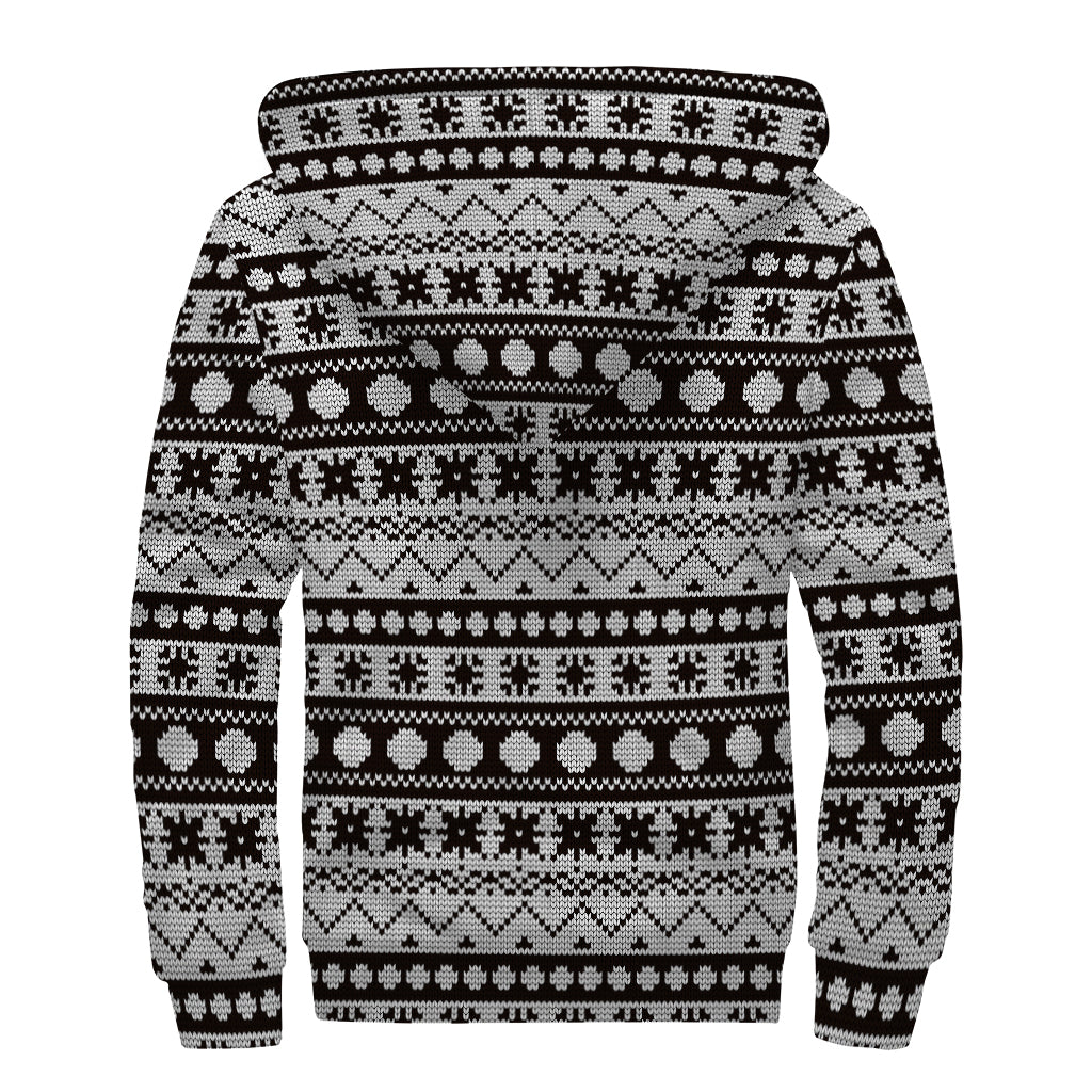 White And Black Knitted Pattern Print Sherpa Lined Zip Up Hoodie