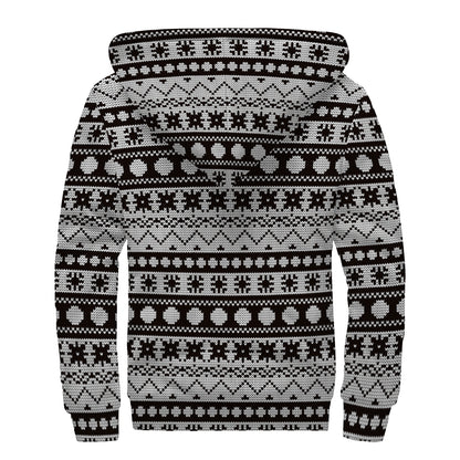White And Black Knitted Pattern Print Sherpa Lined Zip Up Hoodie