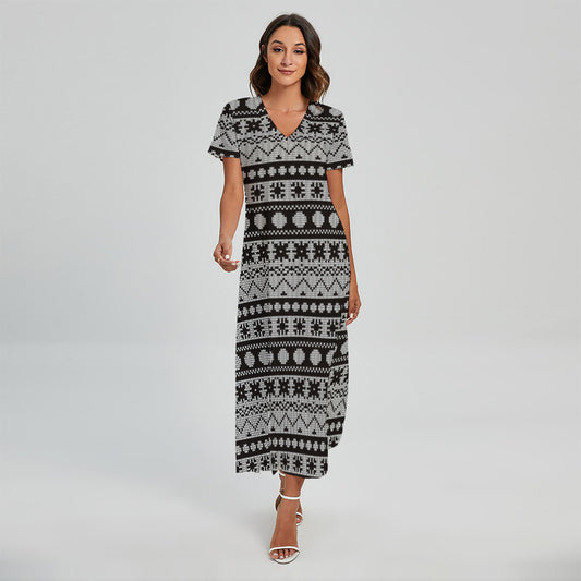 White And Black Knitted Pattern Print Short Sleeve Maxi Dress