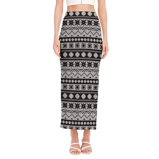 White And Black Knitted Pattern Print Side Slit Maxi Skirt