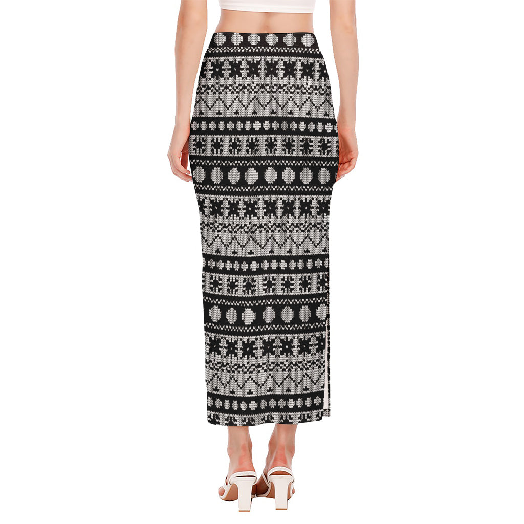 White And Black Knitted Pattern Print Side Slit Maxi Skirt