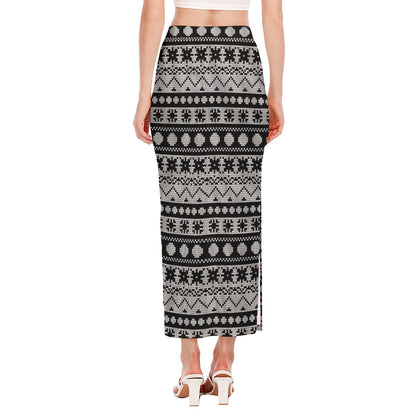 White And Black Knitted Pattern Print Side Slit Maxi Skirt
