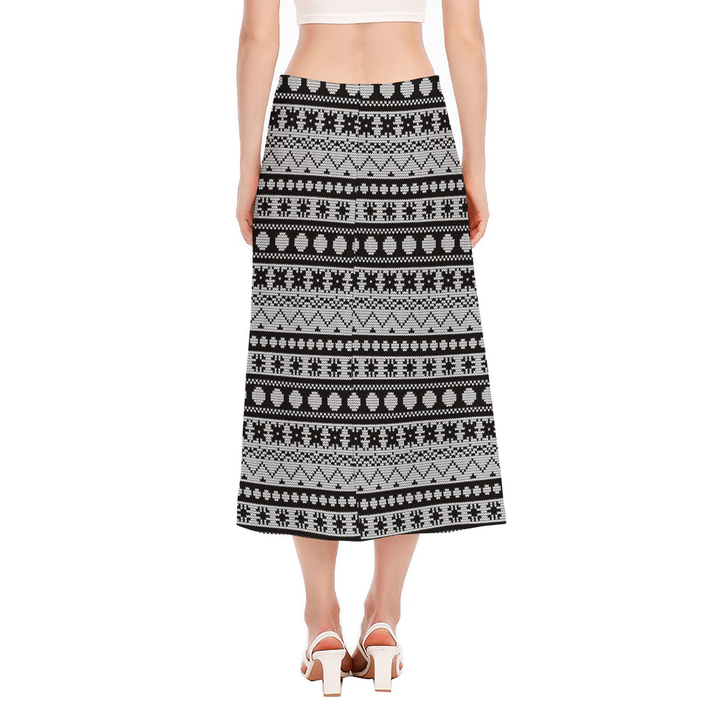White And Black Knitted Pattern Print Side Slit Midi Skirt