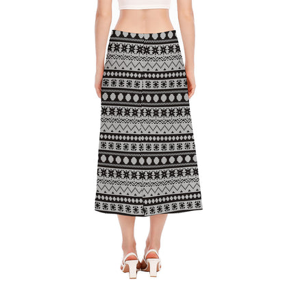 White And Black Knitted Pattern Print Side Slit Midi Skirt