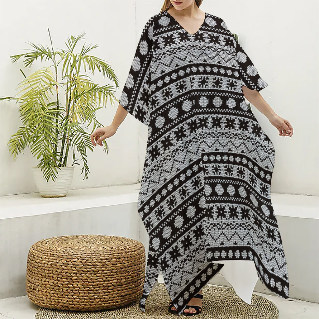 White And Black Knitted Pattern Print Silk V-Neck Kaftan Dress
