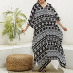 White And Black Knitted Pattern Print Silk V-Neck Kaftan Dress