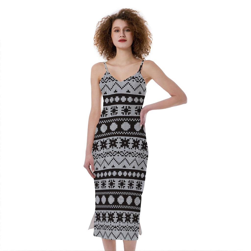 White And Black Knitted Pattern Print Slim Fit Midi Cami Dress
