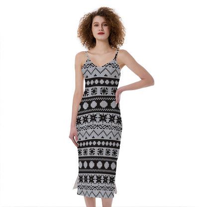 White And Black Knitted Pattern Print Slim Fit Midi Cami Dress