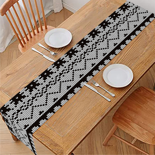 White And Black Knitted Pattern Print Table Runner