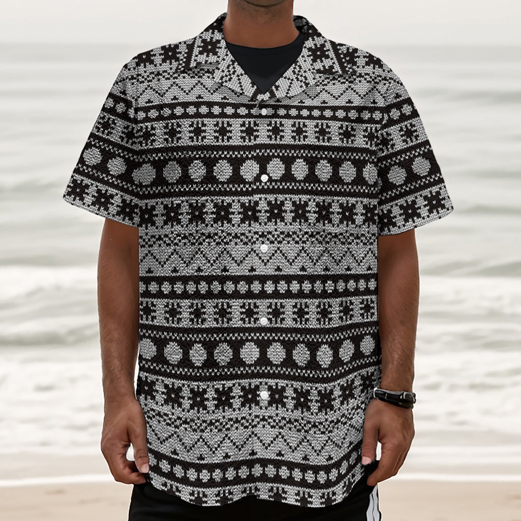 White And Black Knitted Pattern Print Textured Short Sleeve Shirt