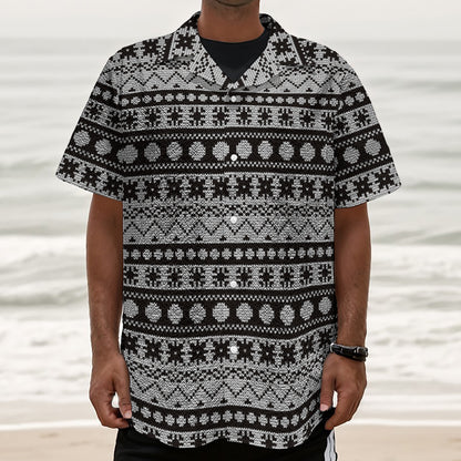 White And Black Knitted Pattern Print Textured Short Sleeve Shirt
