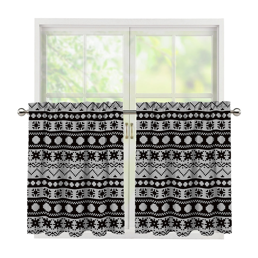 White And Black Knitted Pattern Print Tier Curtains