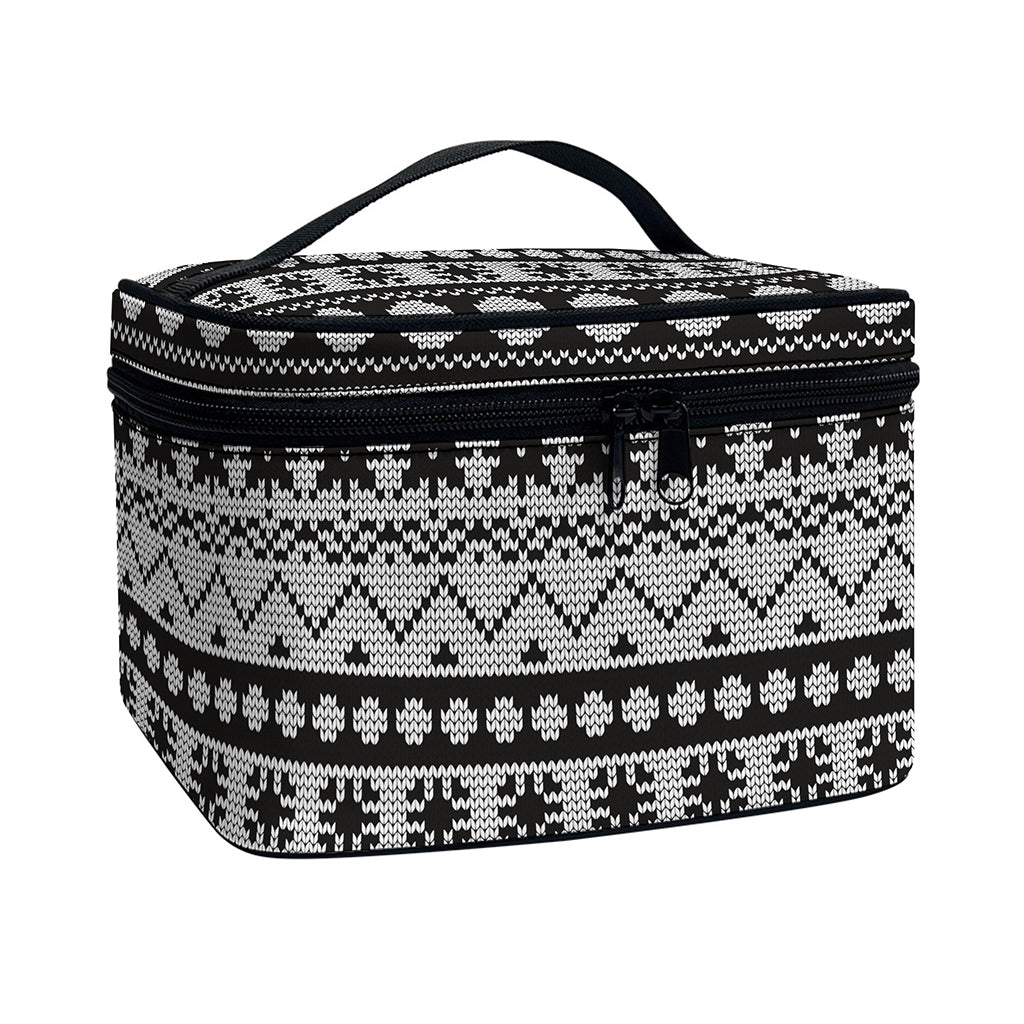 White And Black Knitted Pattern Print Travel Makeup Bag