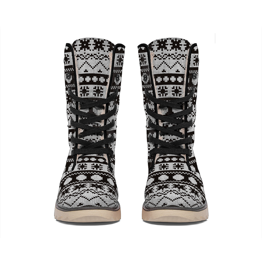 White And Black Knitted Pattern Print Winter Boots