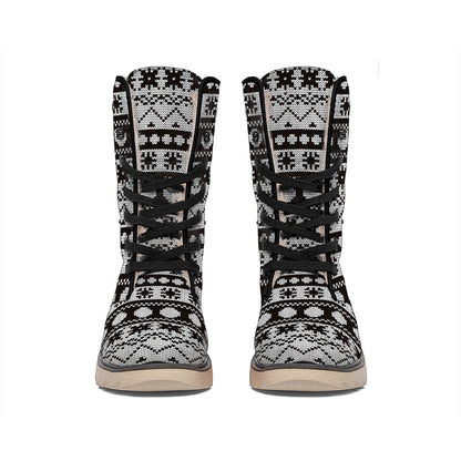 White And Black Knitted Pattern Print Winter Boots