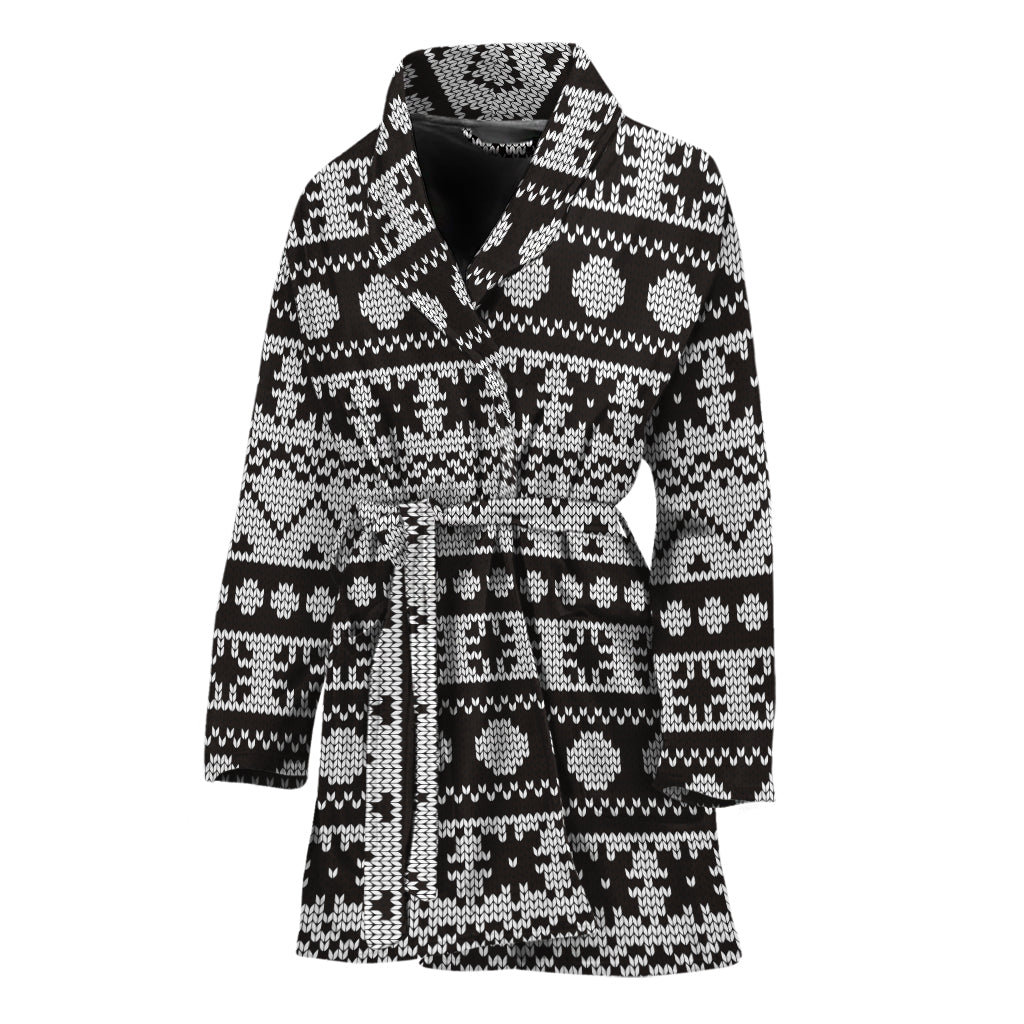 White And Black Knitted Pattern Print Women's Bathrobe