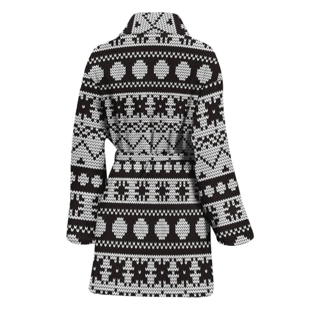 White And Black Knitted Pattern Print Women's Bathrobe