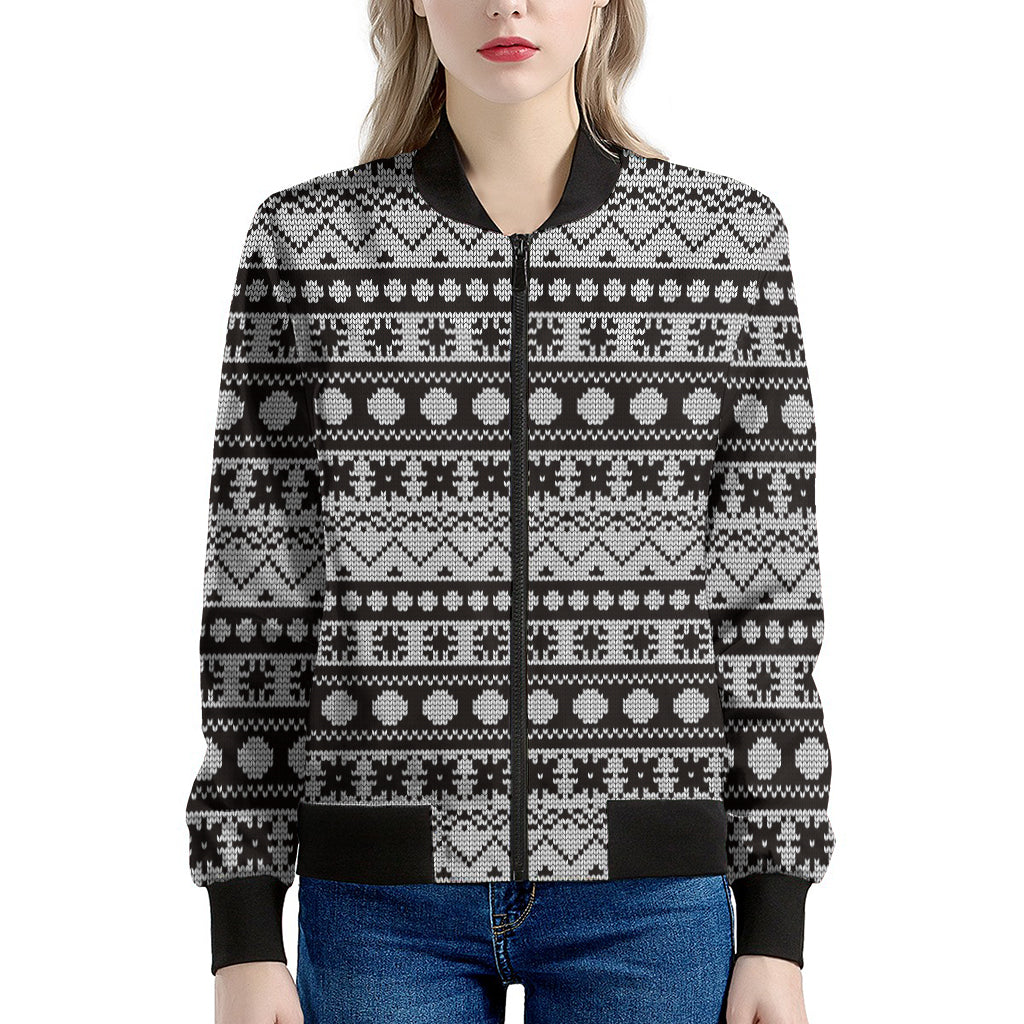 White And Black Knitted Pattern Print Women's Bomber Jacket