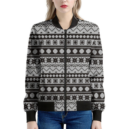 White And Black Knitted Pattern Print Women's Bomber Jacket