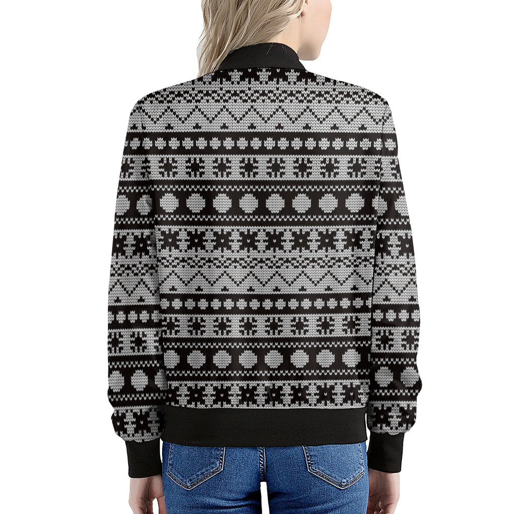 White And Black Knitted Pattern Print Women's Bomber Jacket