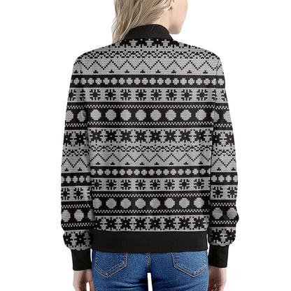 White And Black Knitted Pattern Print Women's Bomber Jacket